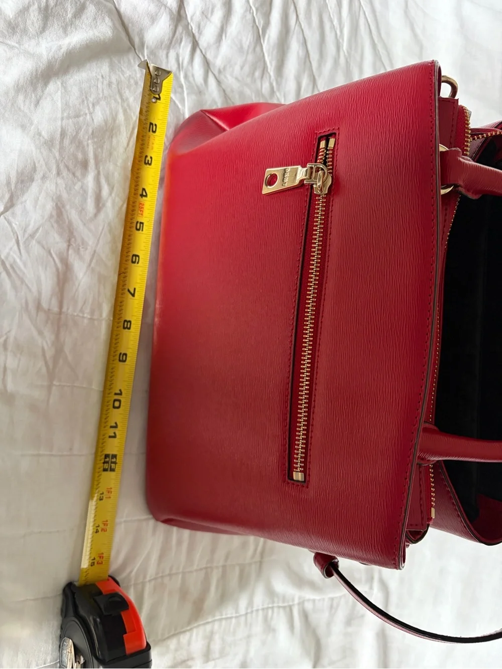 DKNY Cherry Red Saffiano Leather Satchel Bag with Gold Hardware